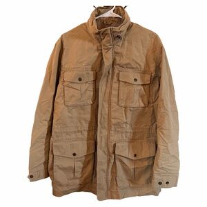 LL Bean Men’s Khaki Utility Jacket Size M | Multi Pocket Hooded Zip Button Coat